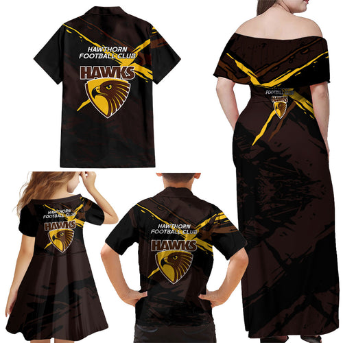 Hawthorn Football Club Family Matching Off Shoulder Maxi Dress and Hawaiian Shirt Hawks Muscular Mascot Graphic - Abstract Paint Splatter Art