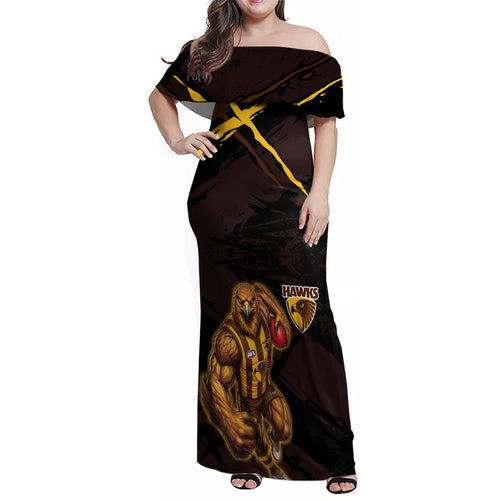 Hawthorn Football Club Family Matching Off Shoulder Maxi Dress and Hawaiian Shirt Hawks Muscular Mascot Graphic - Abstract Paint Splatter Art