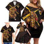 Hawthorn Football Club Family Matching Off Shoulder Short Dress and Hawaiian Shirt Hawks Muscular Mascot Graphic - Abstract Paint Splatter Art