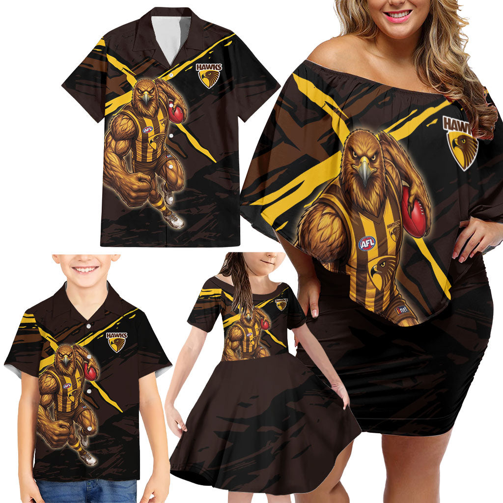 Hawthorn Football Club Family Matching Off Shoulder Short Dress and Hawaiian Shirt Hawks Muscular Mascot Graphic - Abstract Paint Splatter Art