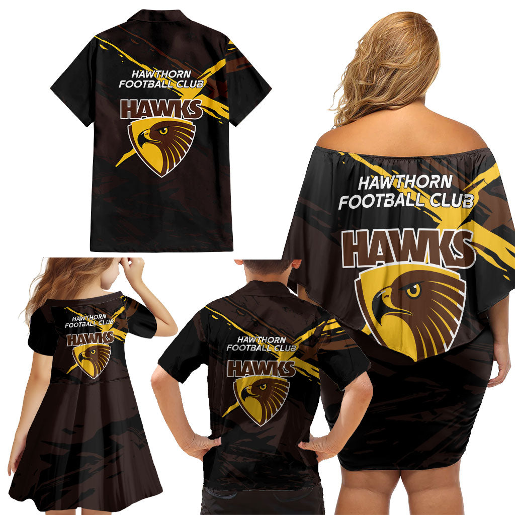 Hawthorn Football Club Family Matching Off Shoulder Short Dress and Hawaiian Shirt Hawks Muscular Mascot Graphic - Abstract Paint Splatter Art