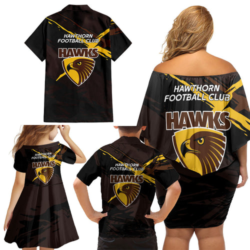 Hawthorn Football Club Family Matching Off Shoulder Short Dress and Hawaiian Shirt Hawks Muscular Mascot Graphic - Abstract Paint Splatter Art
