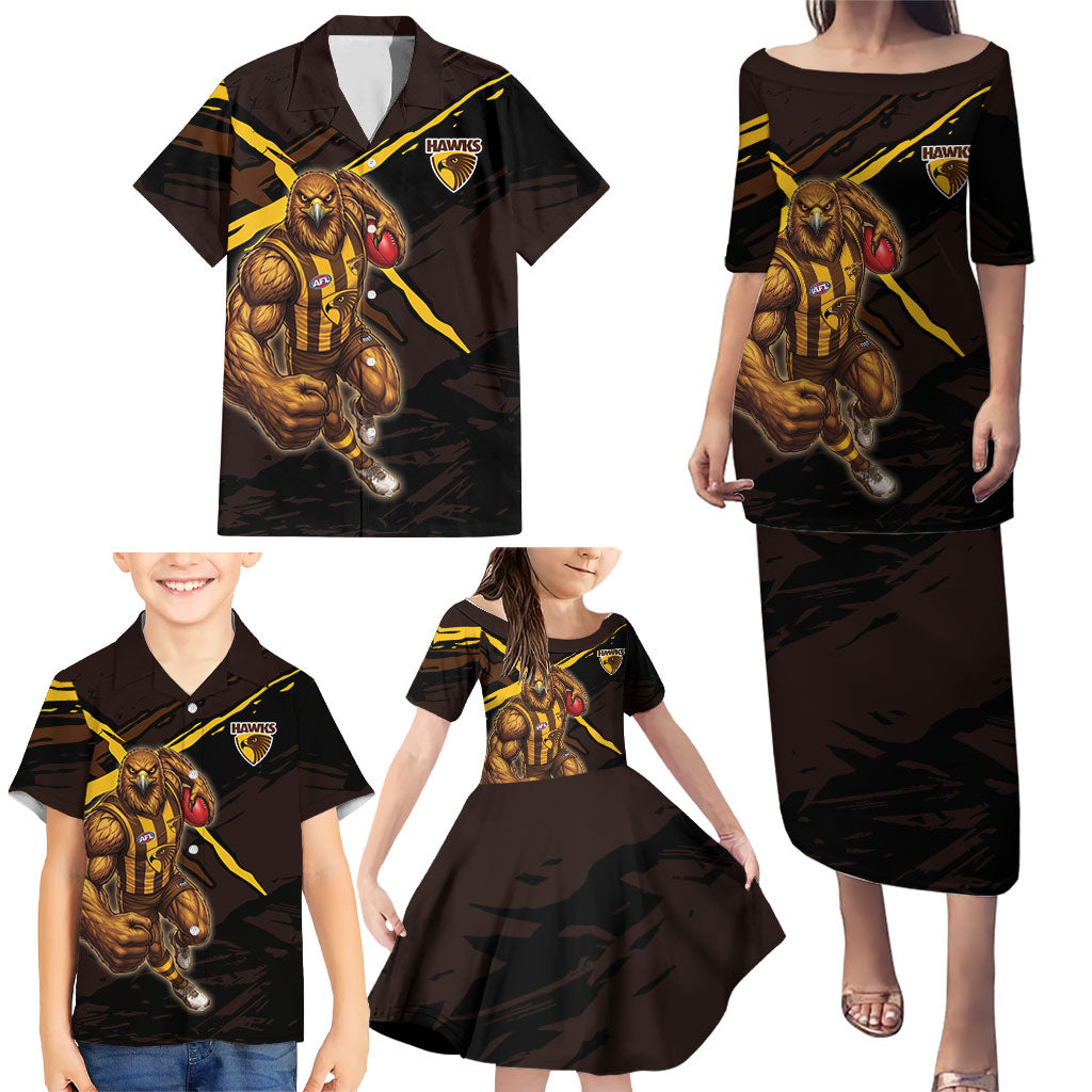 Hawthorn Football Club Family Matching Puletasi and Hawaiian Shirt Hawks Muscular Mascot Graphic - Abstract Paint Splatter Art
