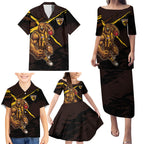 Hawthorn Football Club Family Matching Puletasi and Hawaiian Shirt Hawks Muscular Mascot Graphic - Abstract Paint Splatter Art