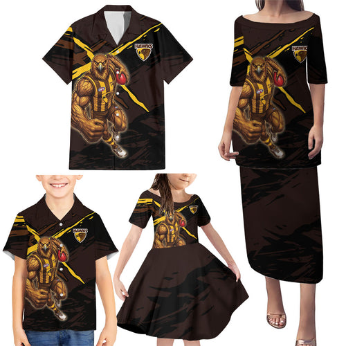 Hawthorn Football Club Family Matching Puletasi and Hawaiian Shirt Hawks Muscular Mascot Graphic - Abstract Paint Splatter Art