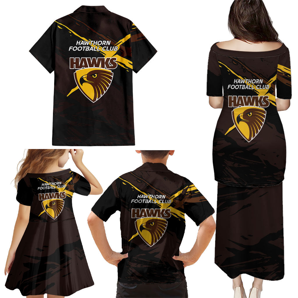 Hawthorn Football Club Family Matching Puletasi and Hawaiian Shirt Hawks Muscular Mascot Graphic - Abstract Paint Splatter Art