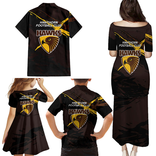 Hawthorn Football Club Family Matching Puletasi and Hawaiian Shirt Hawks Muscular Mascot Graphic - Abstract Paint Splatter Art