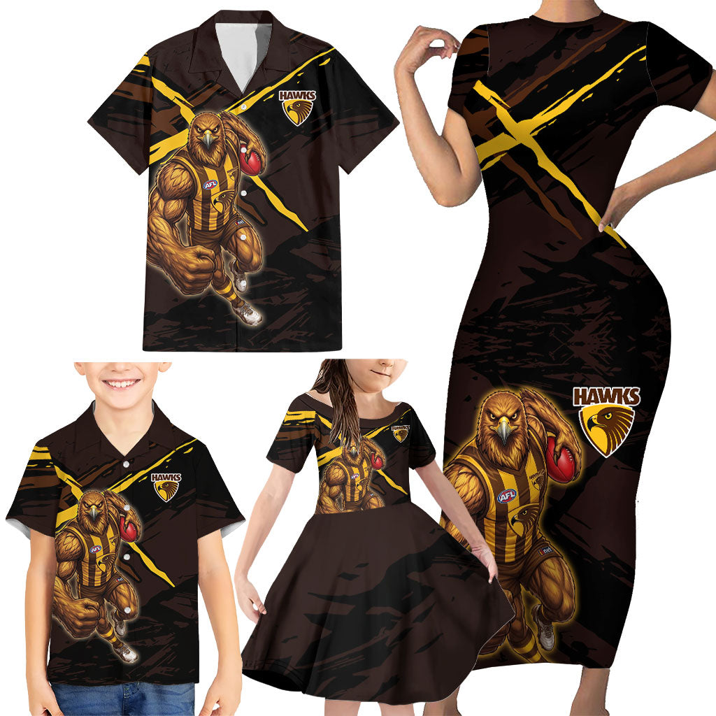 Hawthorn Football Club Family Matching Short Sleeve Bodycon Dress and Hawaiian Shirt Hawks Muscular Mascot Graphic - Abstract Paint Splatter Art