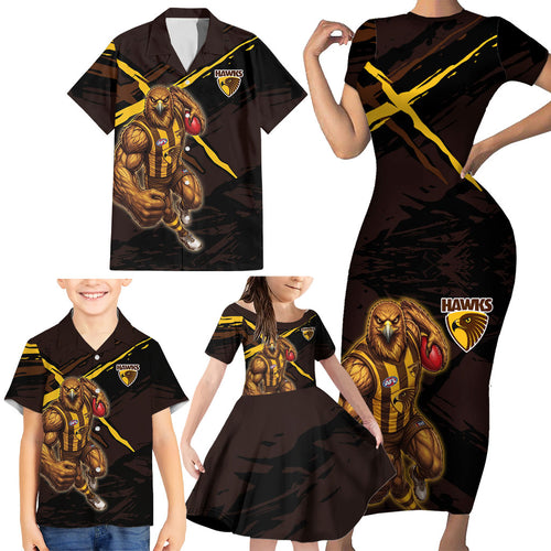 Hawthorn Football Club Family Matching Short Sleeve Bodycon Dress and Hawaiian Shirt Hawks Muscular Mascot Graphic - Abstract Paint Splatter Art