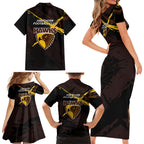 Hawthorn Football Club Family Matching Short Sleeve Bodycon Dress and Hawaiian Shirt Hawks Muscular Mascot Graphic - Abstract Paint Splatter Art
