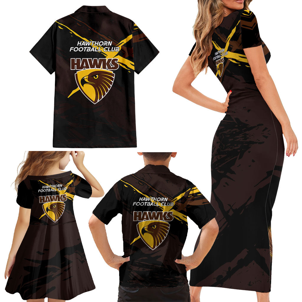 Hawthorn Football Club Family Matching Short Sleeve Bodycon Dress and Hawaiian Shirt Hawks Muscular Mascot Graphic - Abstract Paint Splatter Art