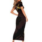 Hawthorn Football Club Family Matching Short Sleeve Bodycon Dress and Hawaiian Shirt Hawks Muscular Mascot Graphic - Abstract Paint Splatter Art