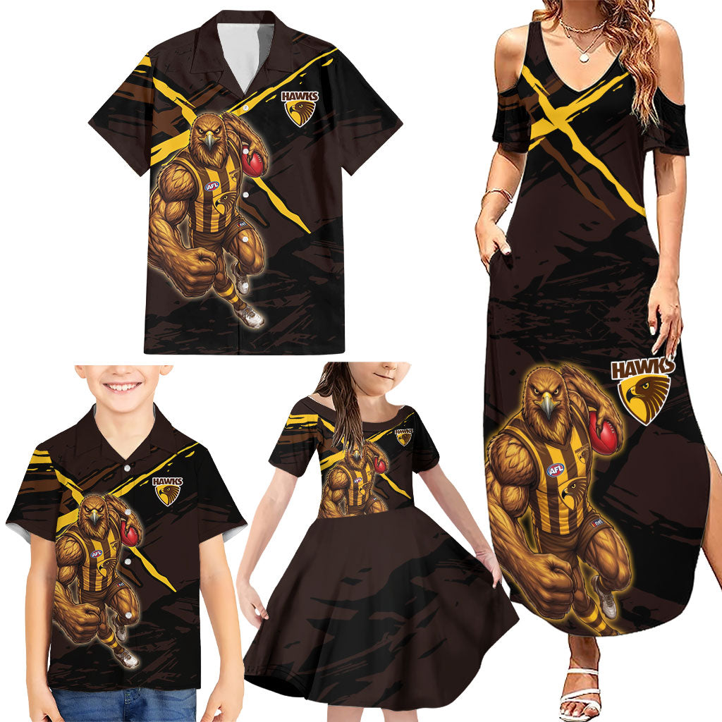 Hawthorn Football Club Family Matching Summer Maxi Dress and Hawaiian Shirt Hawks Muscular Mascot Graphic - Abstract Paint Splatter Art