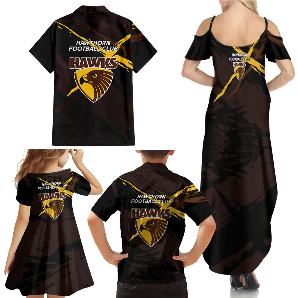 Hawthorn Football Club Family Matching Summer Maxi Dress and Hawaiian Shirt Hawks Muscular Mascot Graphic - Abstract Paint Splatter Art