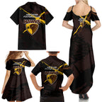 Hawthorn Football Club Family Matching Summer Maxi Dress and Hawaiian Shirt Hawks Muscular Mascot Graphic - Abstract Paint Splatter Art