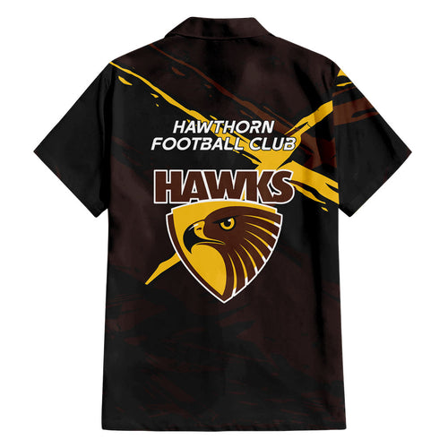 Hawthorn Football Club Family Matching Summer Maxi Dress and Hawaiian Shirt Hawks Muscular Mascot Graphic - Abstract Paint Splatter Art