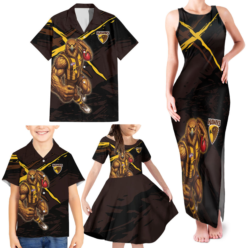 Hawthorn Football Club Family Matching Tank Maxi Dress and Hawaiian Shirt Hawks Muscular Mascot Graphic - Abstract Paint Splatter Art