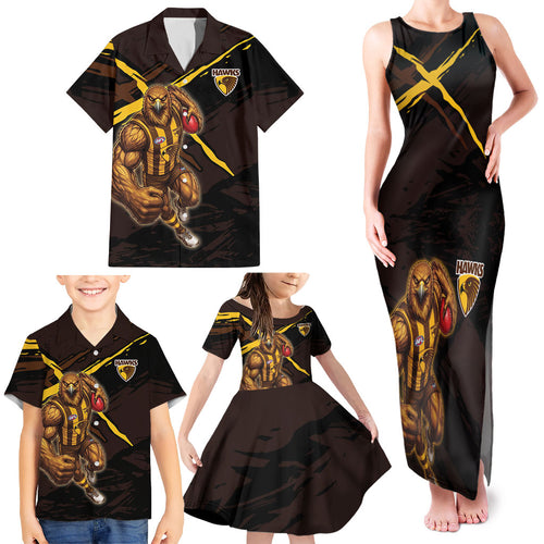 Hawthorn Football Club Family Matching Tank Maxi Dress and Hawaiian Shirt Hawks Muscular Mascot Graphic - Abstract Paint Splatter Art