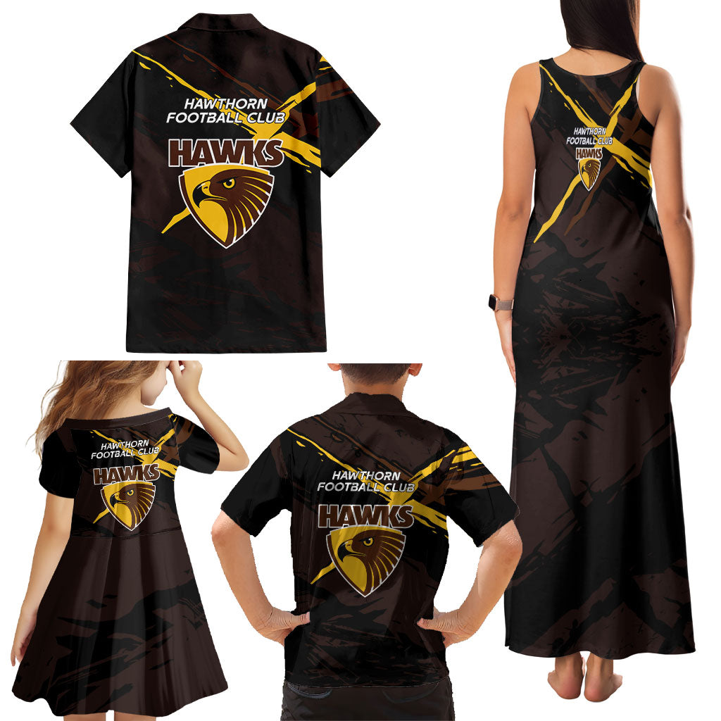 Hawthorn Football Club Family Matching Tank Maxi Dress and Hawaiian Shirt Hawks Muscular Mascot Graphic - Abstract Paint Splatter Art
