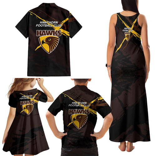 Hawthorn Football Club Family Matching Tank Maxi Dress and Hawaiian Shirt Hawks Muscular Mascot Graphic - Abstract Paint Splatter Art