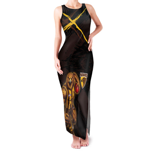 Hawthorn Football Club Family Matching Tank Maxi Dress and Hawaiian Shirt Hawks Muscular Mascot Graphic - Abstract Paint Splatter Art