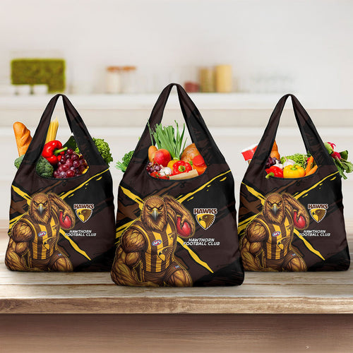 Hawthorn Football Club Grocery Bag Hawks Muscular Mascot Graphic - Abstract Paint Splatter Art