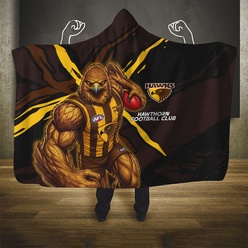 Hawthorn Football Club Hooded Blanket Hawks Muscular Mascot Graphic - Abstract Paint Splatter Art