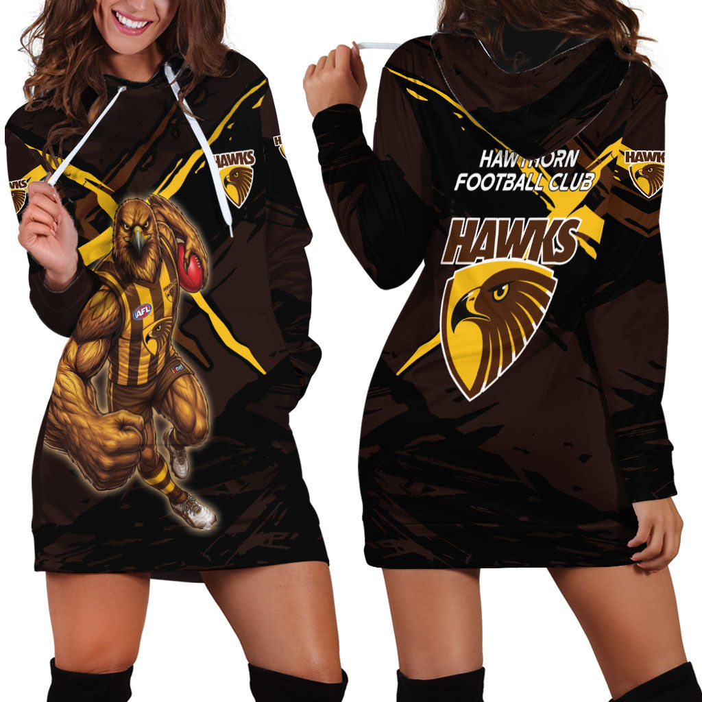 Hawthorn Football Club Hoodie Dress Hawks Muscular Mascot Graphic - Abstract Paint Splatter Art