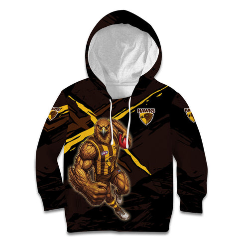 Hawthorn Football Club Kid Hoodie Hawks Muscular Mascot Graphic - Abstract Paint Splatter Art