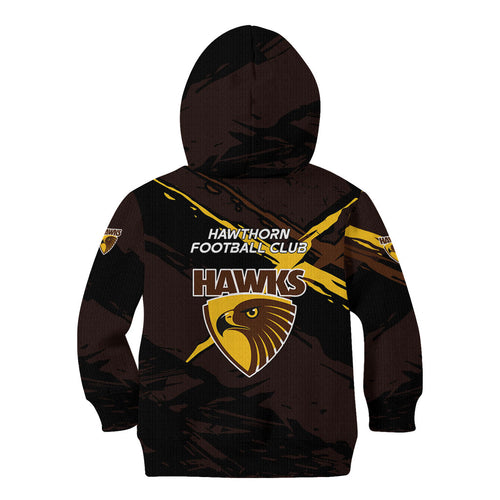 Hawthorn Football Club Kid Hoodie Hawks Muscular Mascot Graphic - Abstract Paint Splatter Art