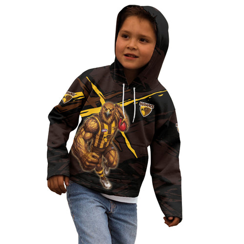 Hawthorn Football Club Kid Hoodie Hawks Muscular Mascot Graphic - Abstract Paint Splatter Art