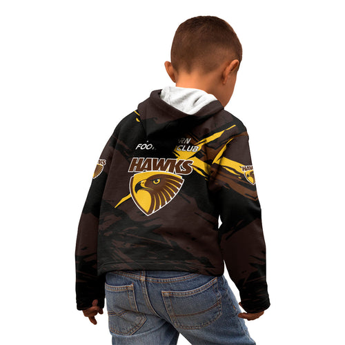 Hawthorn Football Club Kid Hoodie Hawks Muscular Mascot Graphic - Abstract Paint Splatter Art