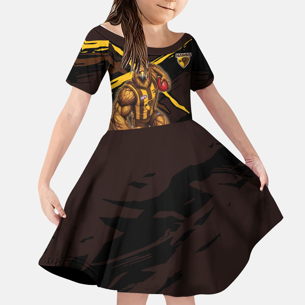 Hawthorn Football Club Kid Short Sleeve Dress Hawks Muscular Mascot Graphic - Abstract Paint Splatter Art