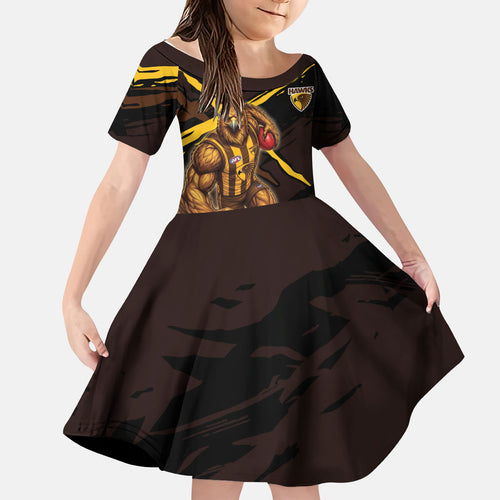 Hawthorn Football Club Kid Short Sleeve Dress Hawks Muscular Mascot Graphic - Abstract Paint Splatter Art