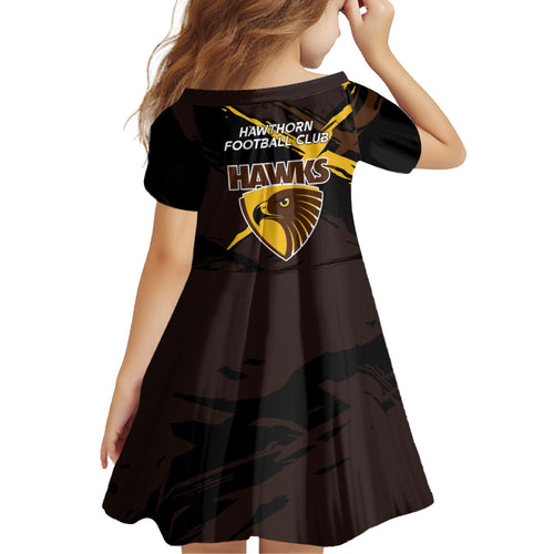 Hawthorn Football Club Kid Short Sleeve Dress Hawks Muscular Mascot Graphic - Abstract Paint Splatter Art