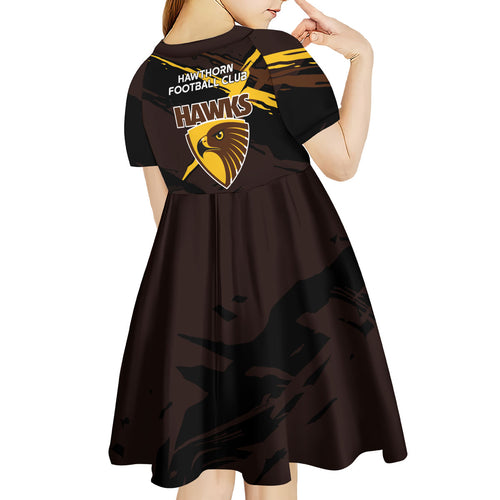 Hawthorn Football Club Kid Short Sleeve Dress Hawks Muscular Mascot Graphic - Abstract Paint Splatter Art