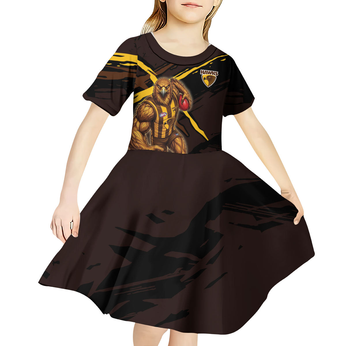 Hawthorn Football Club Kid Short Sleeve Dress Hawks Muscular Mascot Graphic - Abstract Paint Splatter Art