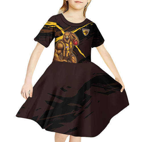 Hawthorn Football Club Kid Short Sleeve Dress Hawks Muscular Mascot Graphic - Abstract Paint Splatter Art