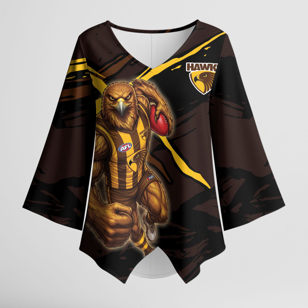 Hawthorn Football Club Kimono Sleeve Blouse Hawks Muscular Mascot Graphic - Abstract Paint Splatter Art