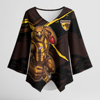 Hawthorn Football Club Kimono Sleeve Blouse Hawks Muscular Mascot Graphic - Abstract Paint Splatter Art