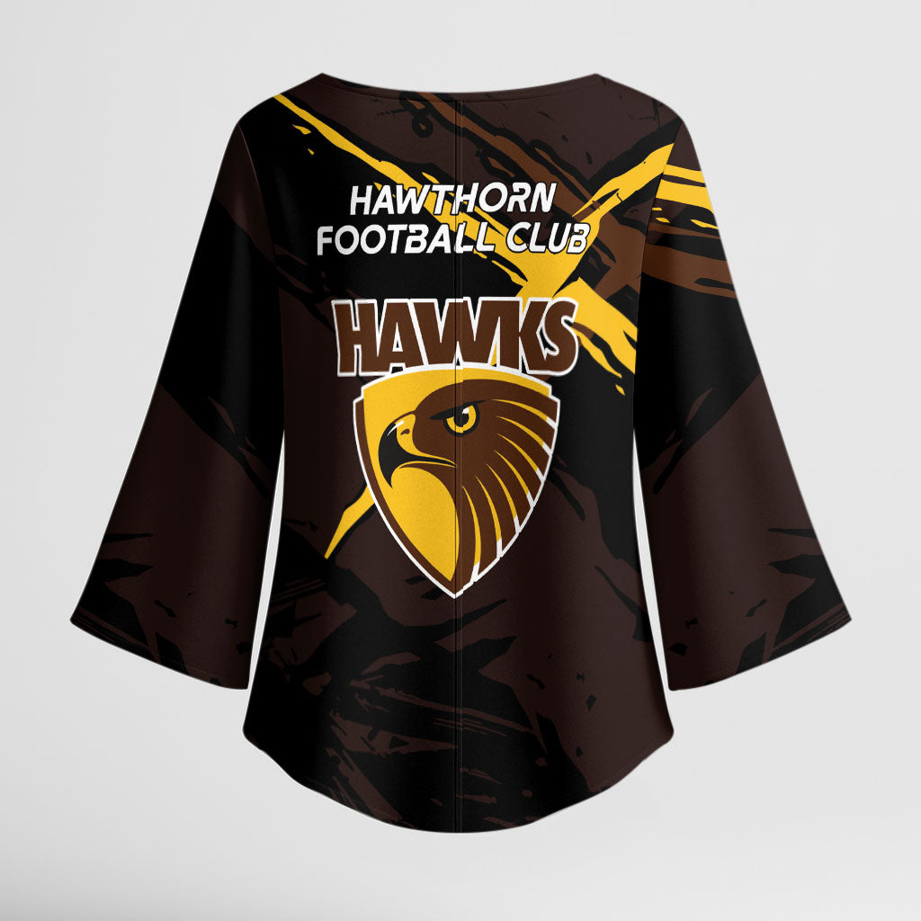Hawthorn Football Club Kimono Sleeve Blouse Hawks Muscular Mascot Graphic - Abstract Paint Splatter Art