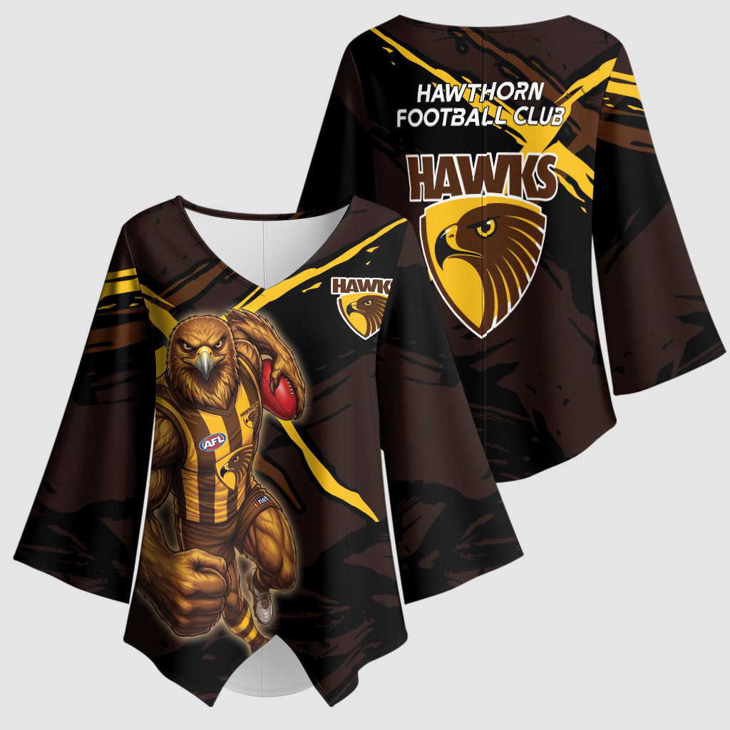 Hawthorn Football Club Kimono Sleeve Blouse Hawks Muscular Mascot Graphic - Abstract Paint Splatter Art