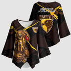 Hawthorn Football Club Kimono Sleeve Blouse Hawks Muscular Mascot Graphic - Abstract Paint Splatter Art
