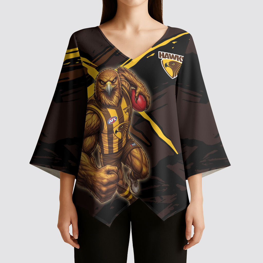 Hawthorn Football Club Kimono Sleeve Blouse Hawks Muscular Mascot Graphic - Abstract Paint Splatter Art
