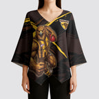 Hawthorn Football Club Kimono Sleeve Blouse Hawks Muscular Mascot Graphic - Abstract Paint Splatter Art