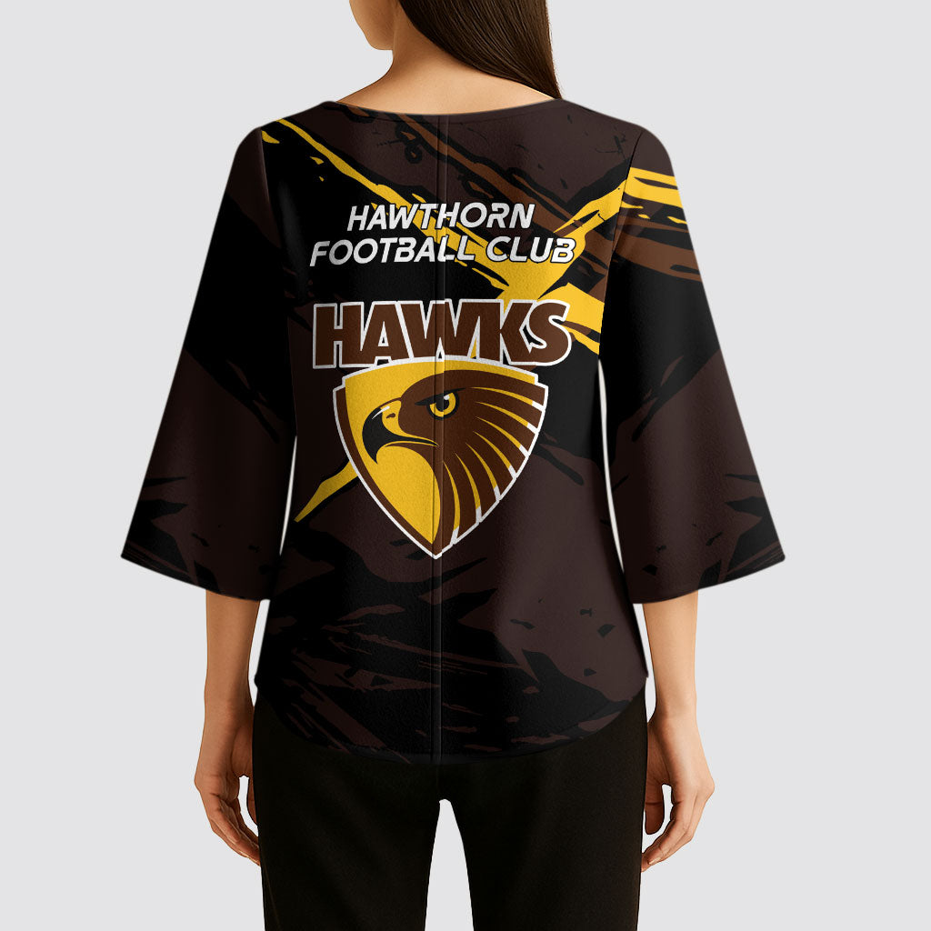 Hawthorn Football Club Kimono Sleeve Blouse Hawks Muscular Mascot Graphic - Abstract Paint Splatter Art