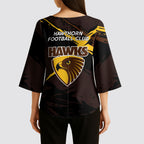 Hawthorn Football Club Kimono Sleeve Blouse Hawks Muscular Mascot Graphic - Abstract Paint Splatter Art