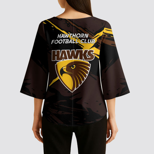 Hawthorn Football Club Kimono Sleeve Blouse Hawks Muscular Mascot Graphic - Abstract Paint Splatter Art