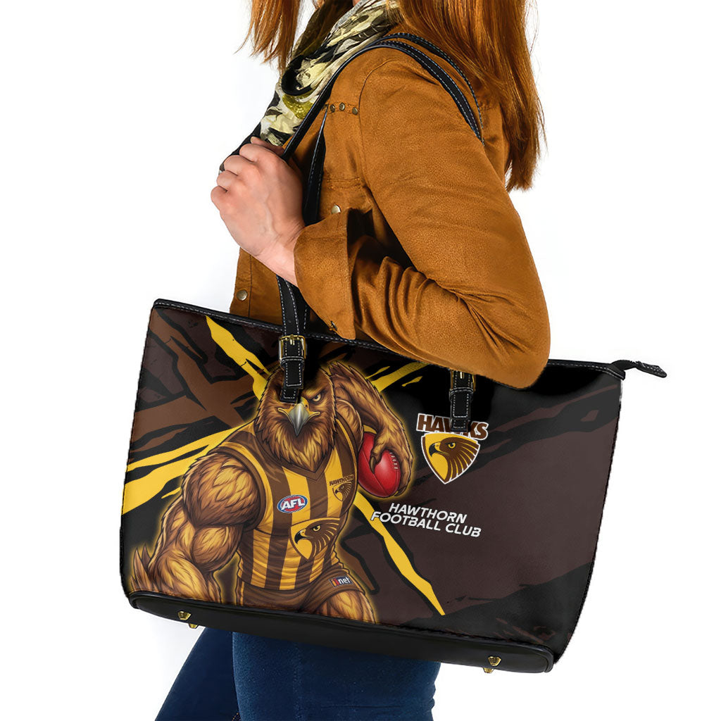 Hawthorn Football Club Leather Tote Bag Hawks Muscular Mascot Graphic - Abstract Paint Splatter Art