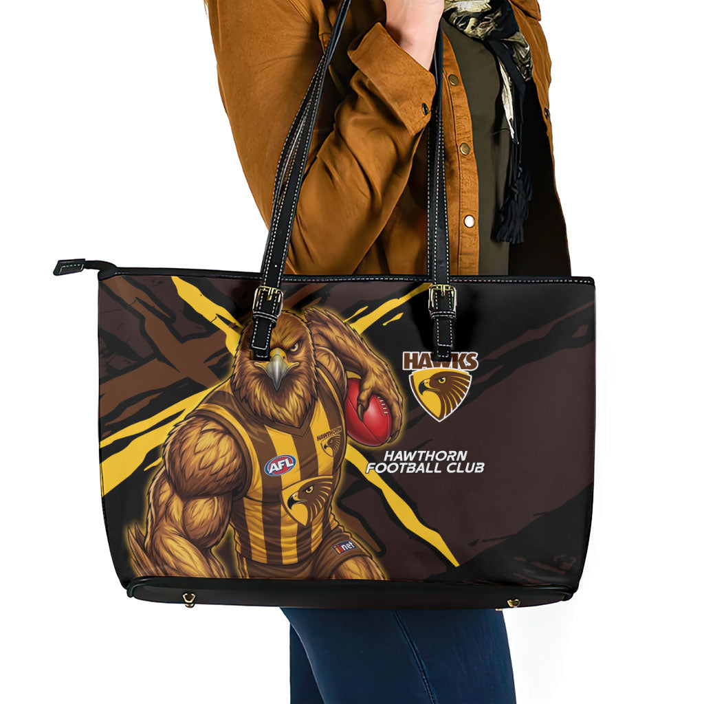 Hawthorn Football Club Leather Tote Bag Hawks Muscular Mascot Graphic - Abstract Paint Splatter Art